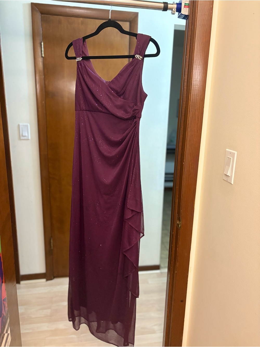 R&M Richards Plum Sleeveless Evening Gown with Ruffle Detail